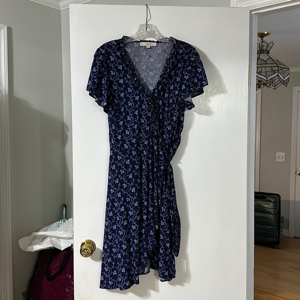 Loft navy blue wrap dress with ruffle embellishment